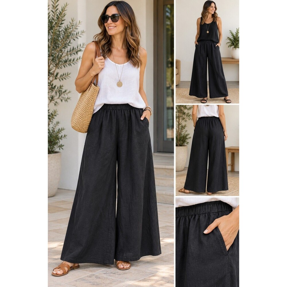 La Fixsun Women's XL Black 100% Linen Wide Leg Palazzo Pants USA Lagenlook Chic
